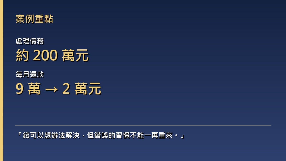 房屋貸款重整成果，處理200萬債務、月付9萬降到2萬